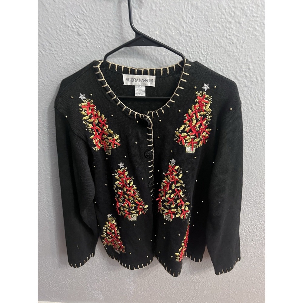 Victoria Jones Christmas Button Up Black Christmas Cardigan Womens Size Large